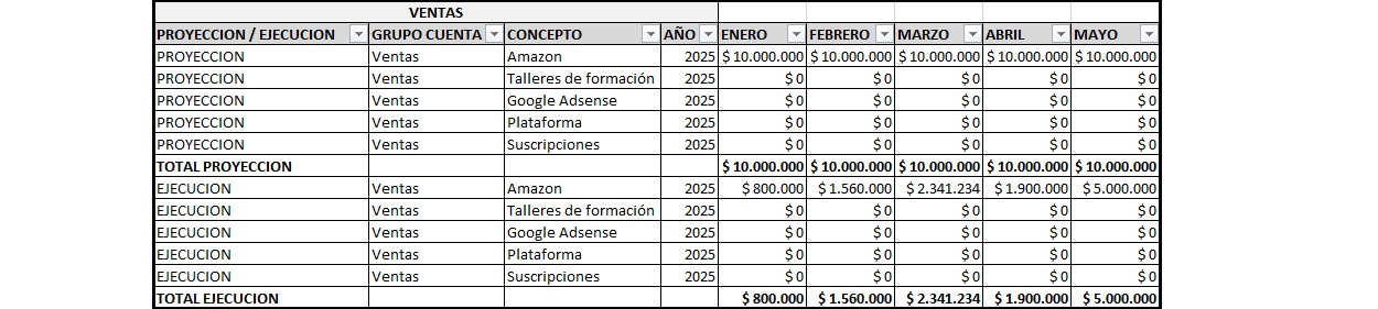 plantilla que muestra como se debe diligenciar el documento para informe financiero: ventas
