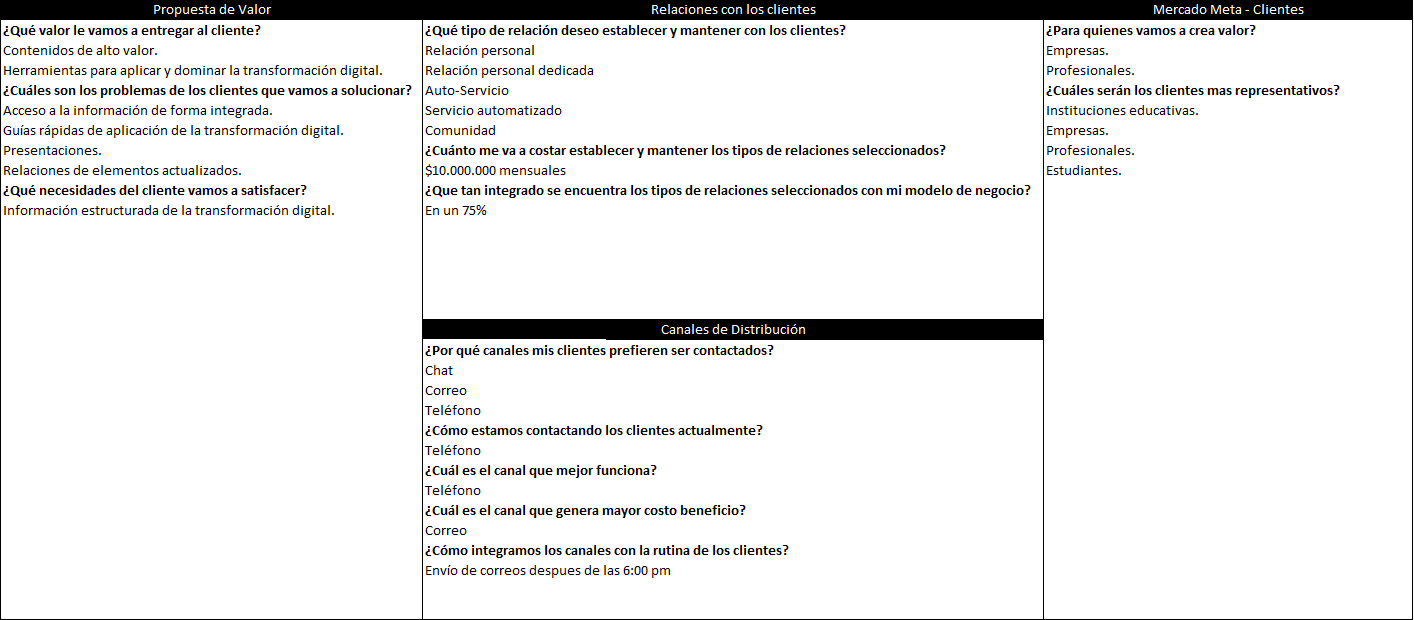 plantilla que muestra como se debe diligenciar el documento para los elementos de mercado del modelo canvas