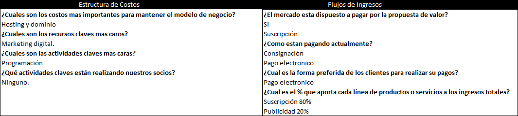 plantilla que muestra como se debe diligenciar el documento para los elementos financieros del modelo canvas